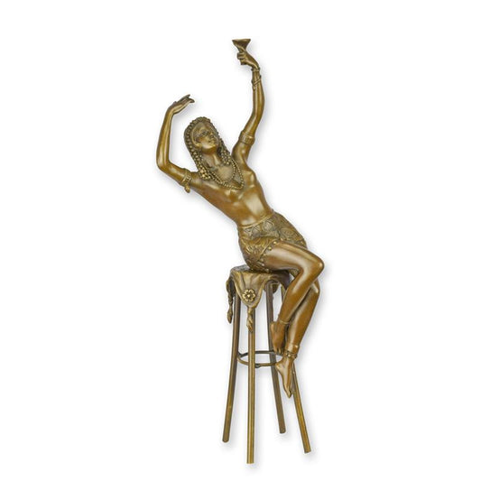 STATUE MODERNE SCULPTURE BRONZE DAME SUR BARCHAIR