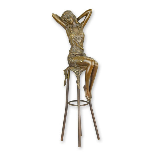 STATUE MODERNE SCULPTURE BRONZE DAME SUR BARCHAIR