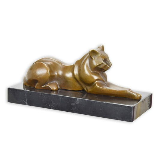 STATUE MODERNE SCULPTURE BRONZE CHAT COUCHE