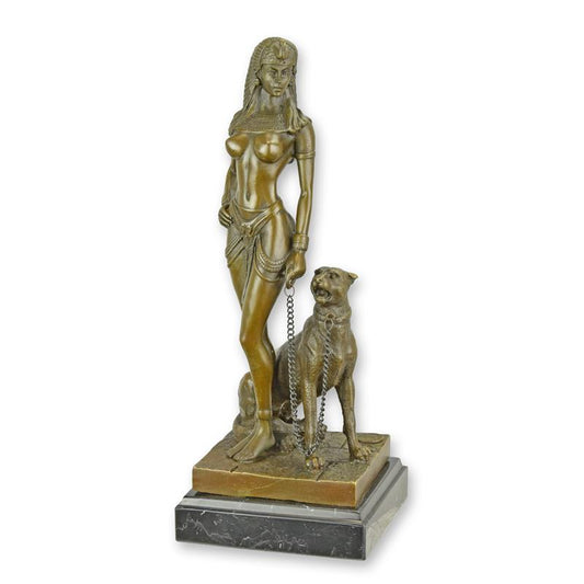 STATUE MODERNE SCULPTURE BRONZE DE CLEOPÂTRE AVECPANTHÈRE