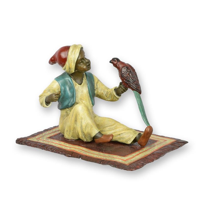 STATUE MODERNE SCULPTURE BRONZE PETIT GARÇON AVEC UN PERROQUET