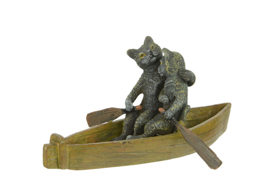 STATUE MODERNE SCULPTURE BRONZE DE DEUX CHATS DANSBARQUE À RAME