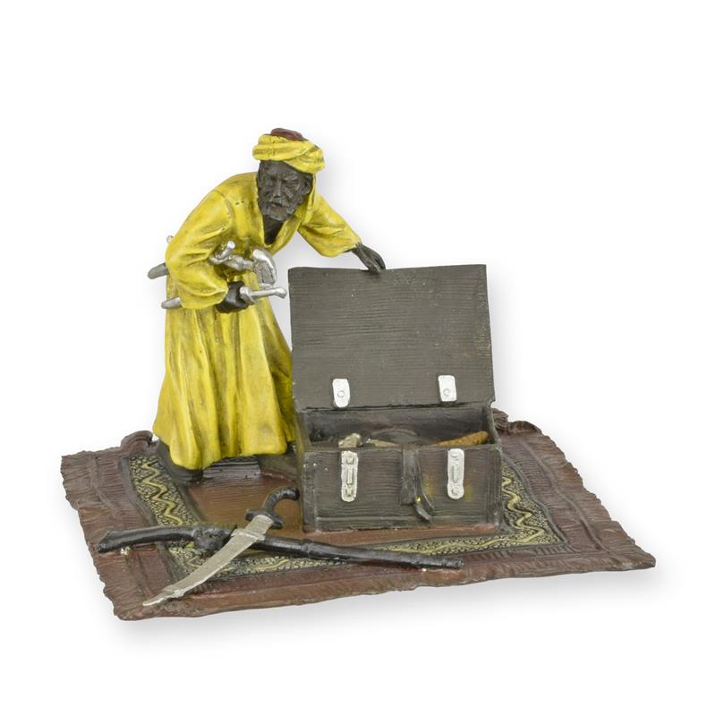 STATUE MODERNE SCULPTURE BRONZE ARABE SUR UN TAPIS AVECARME À PORTEE D'ARME